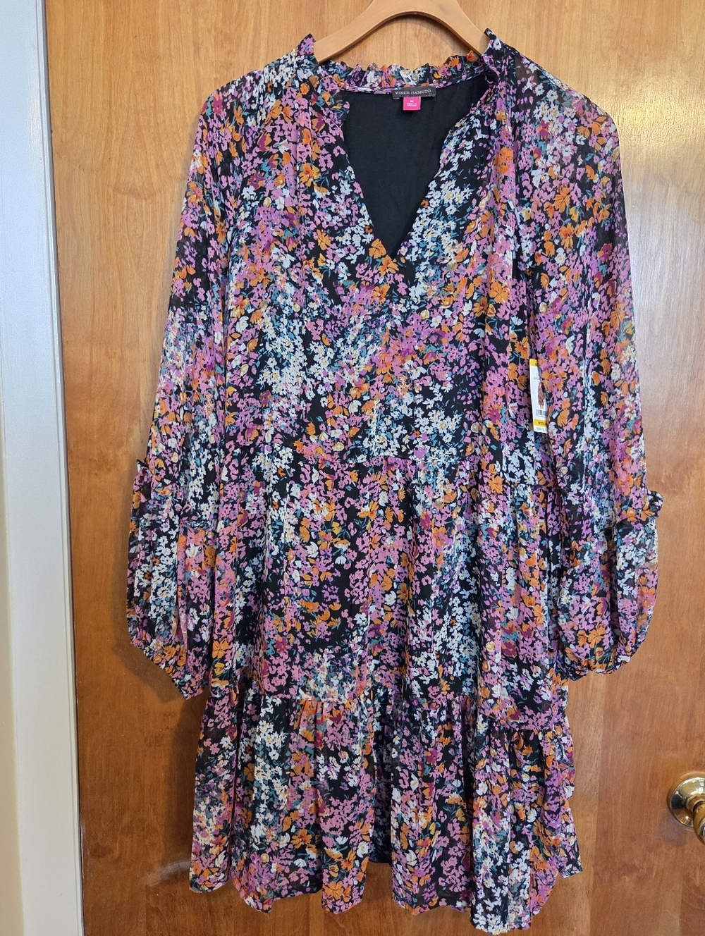 Vince Camuto Floral Tiered Long-Sleeve Mini Dress - Pink, Orange, White on Black